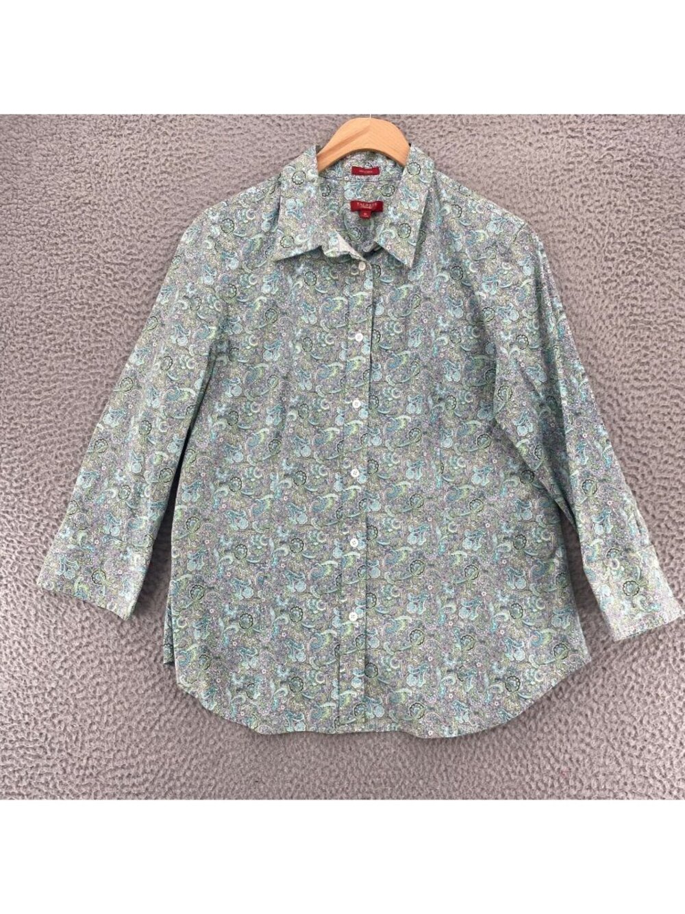 Talbots Shirt Womens 10 Blue Multi Floral Stretch Poplin Button Up 3/4 Sleeves